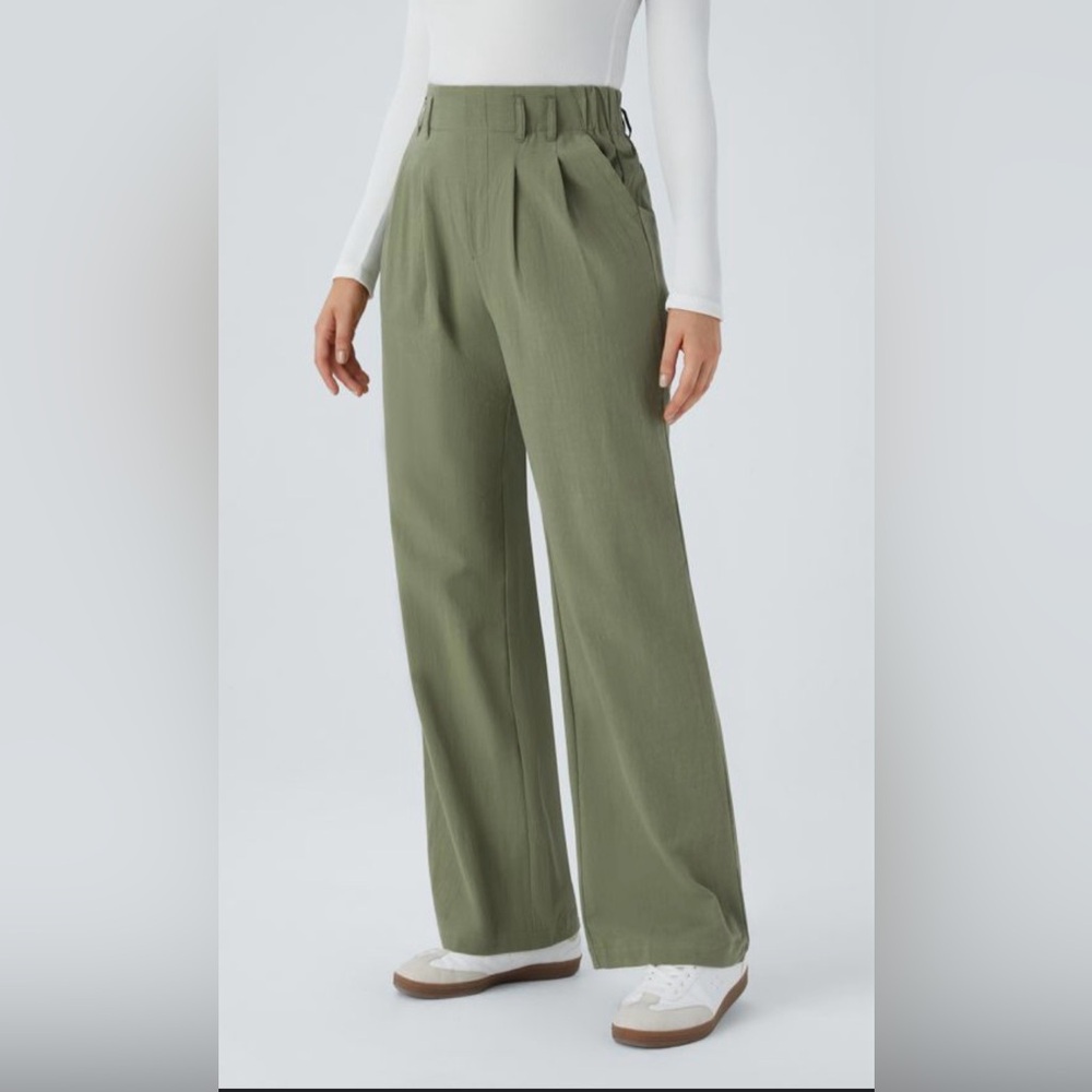 Halara High Waisted Pocket Wide Leg Olive Green Casual Linen-Feel Pants Small - Picture 13 of 13